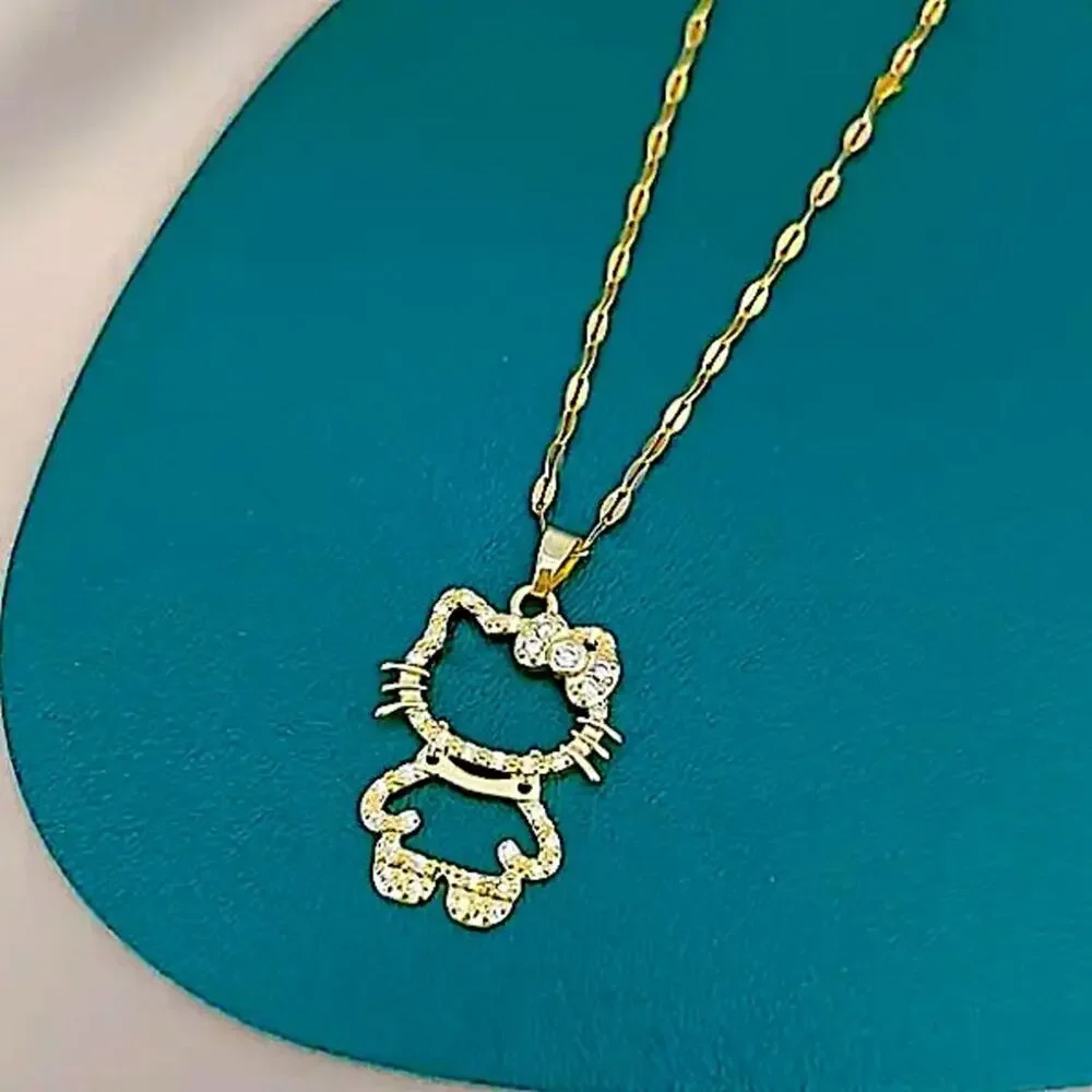Gold Hello Kitty Hollow Zircon Necklace